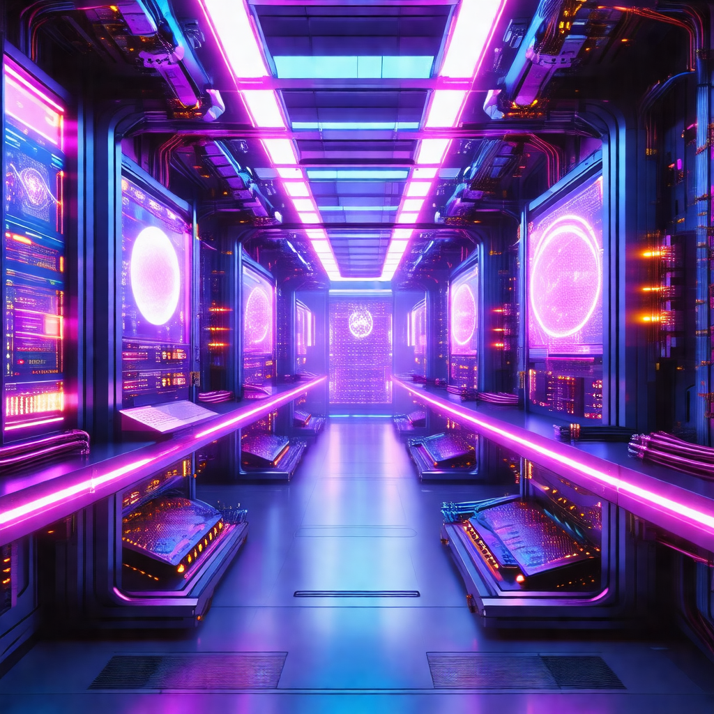 Futuristic scene with a long hallway filled with rows of ...