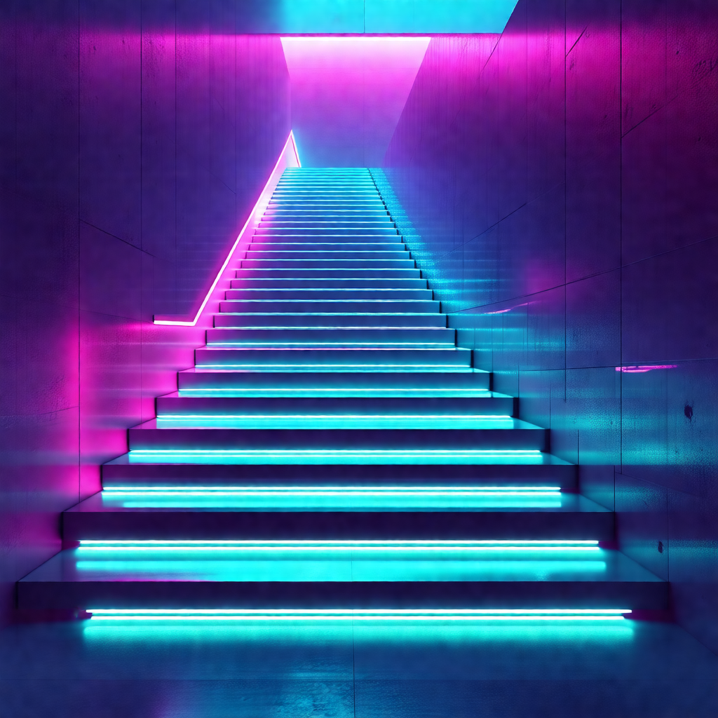 Staircase with a blue and pink light illuminating it