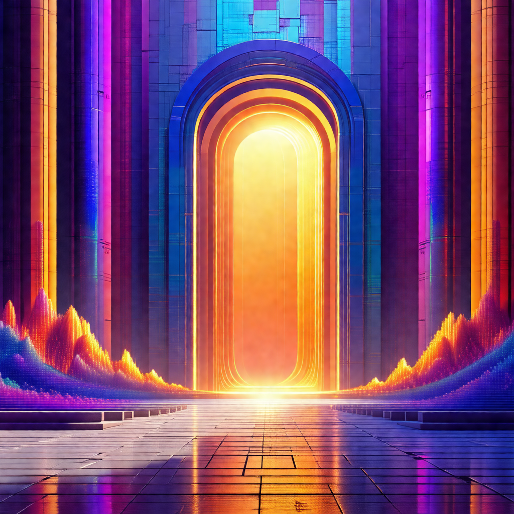 Large, colorful doorway with a bright sun shining through it