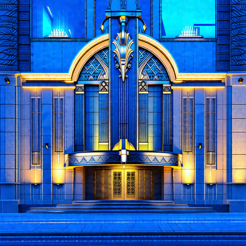 Large, ornate building with a blue and gold color scheme
