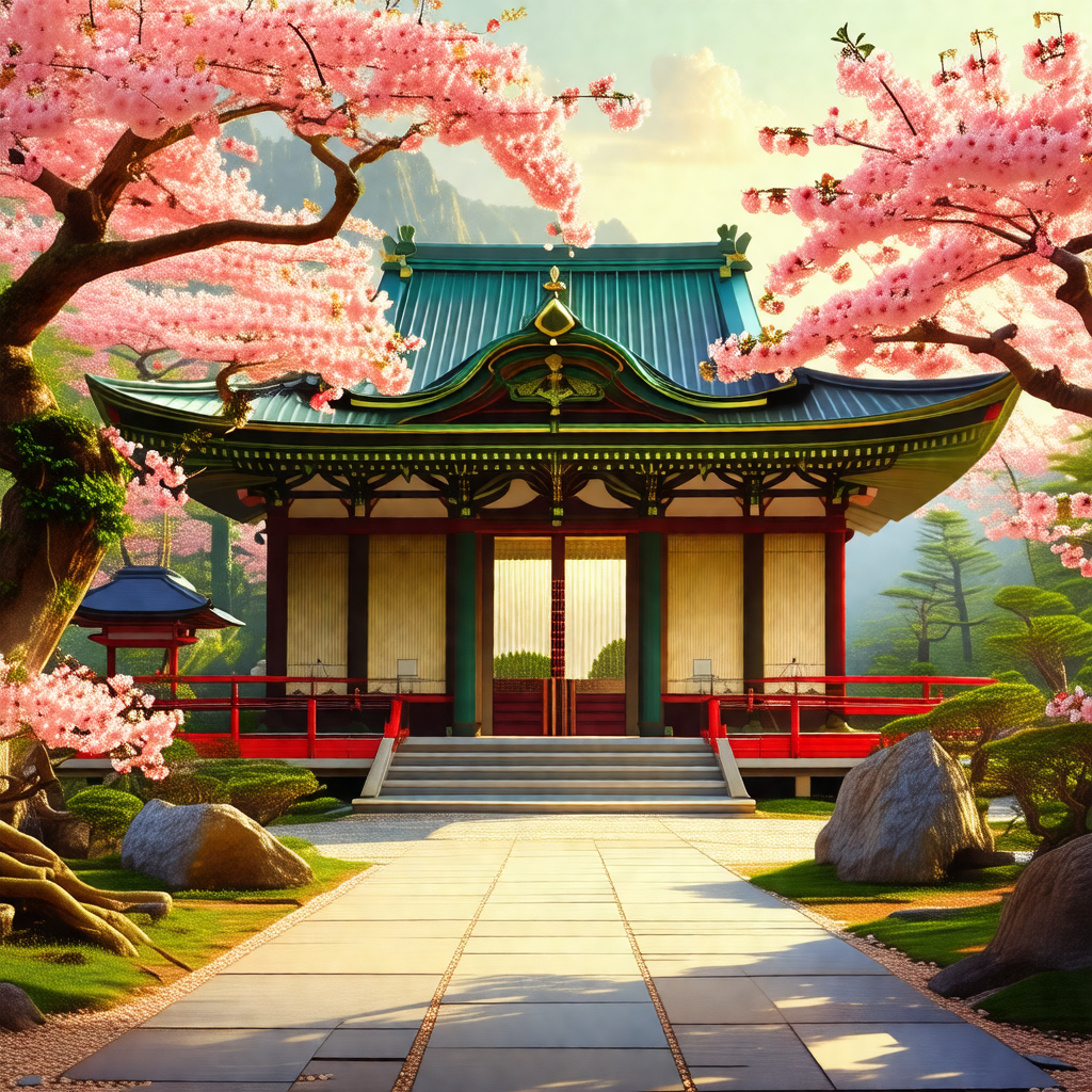 Painting of a japanese-style building with a red roof, su...