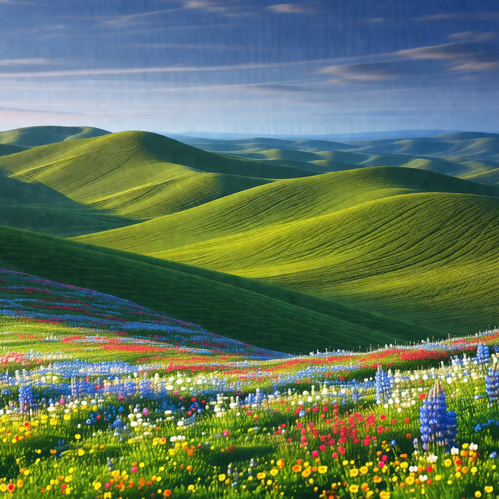 Beautiful, lush green hillside with a vibrant blue sky above