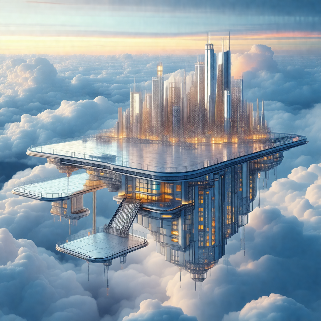 Futuristic city floating in the sky, surrounded by clouds