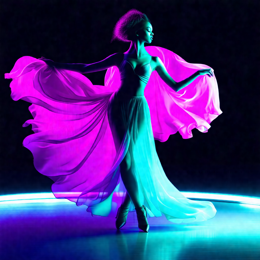 Woman wearing a flowing dress, standing on a stage and pe...