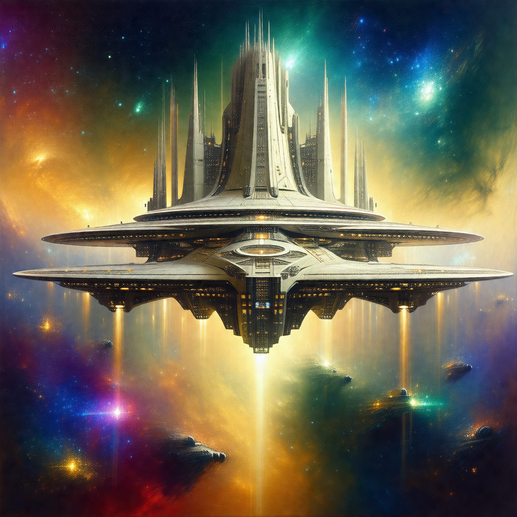 Futuristic spacecraft with a large, round structure at th...