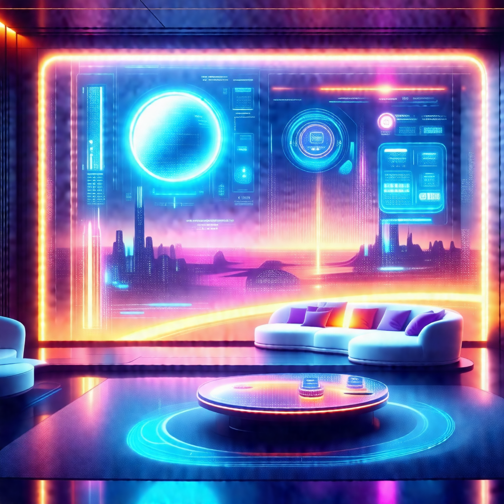 Futuristic scene with a large, illuminated wall that feat...