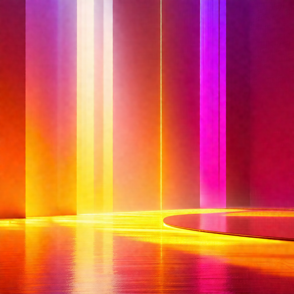 Brightly lit room with a large, colorful wall