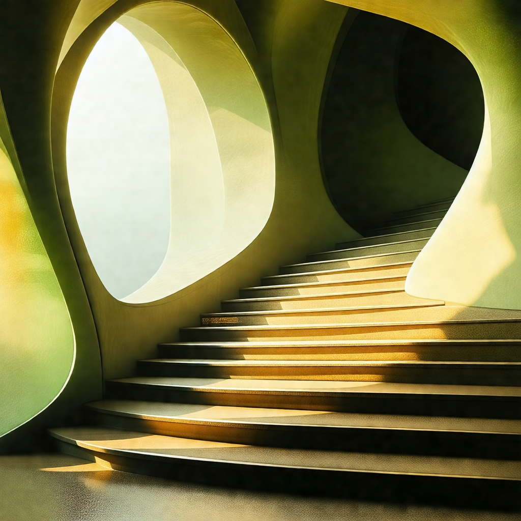 Staircase with a yellowish glow, likely due to the sunlig...