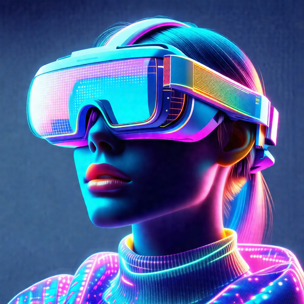 Woman wearing a futuristic, colorful headset
