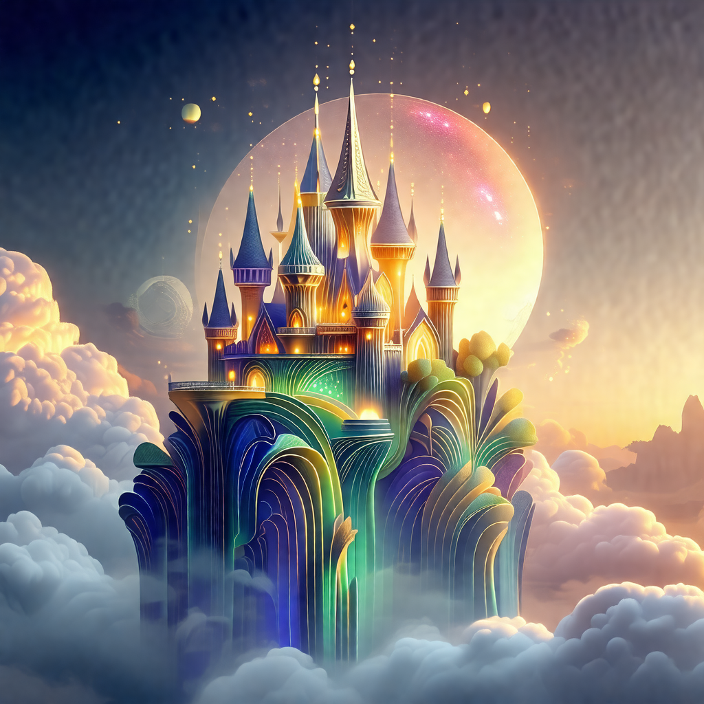Beautifully drawn castle with a blue and green color scheme