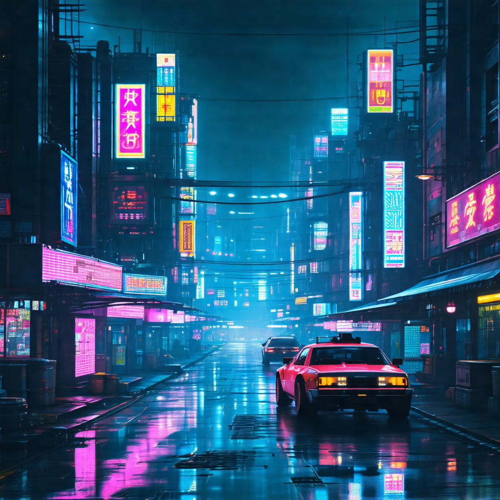 Futuristic city street at night, with a car driving down ...