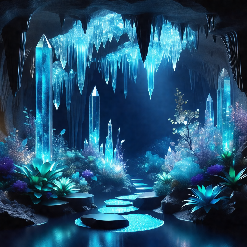Beautiful underwater cave filled with blue crystals and p...
