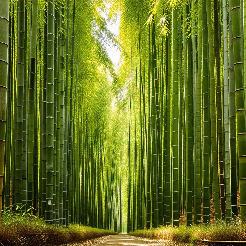 Long, narrow pathway surrounded by a dense forest of bamb...