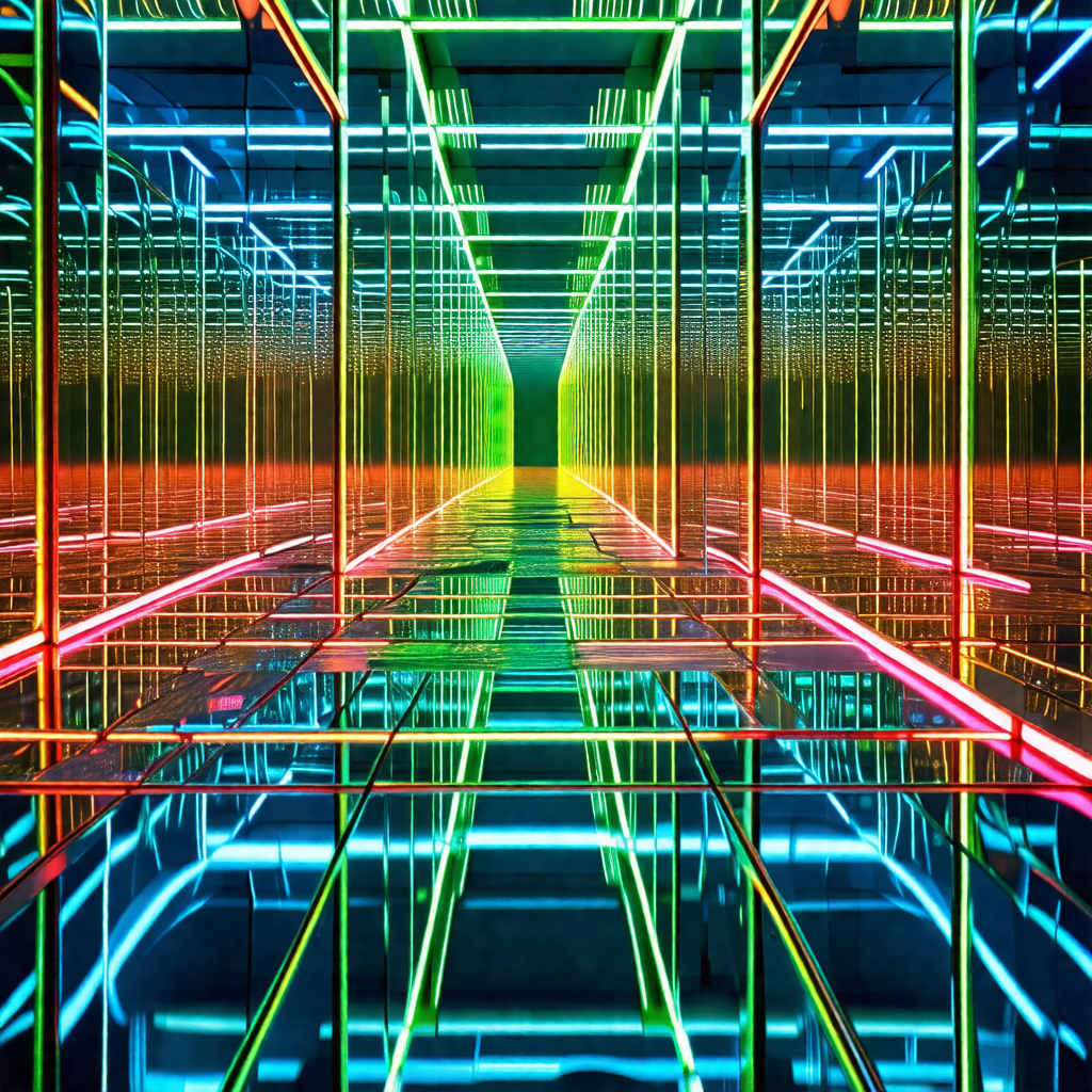 Long, narrow hallway with a brightly lit, colorful tunnel