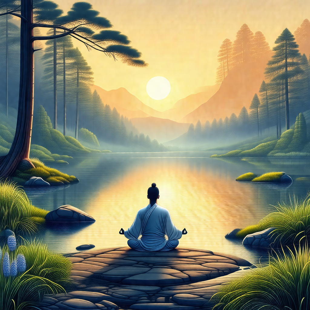 Serene scene of a person sitting on a rock near a body of...