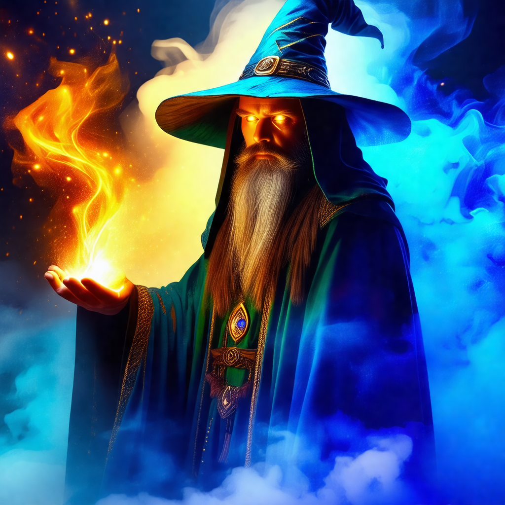 Wizard dressed in a green robe, standing in a cloudy, blu...