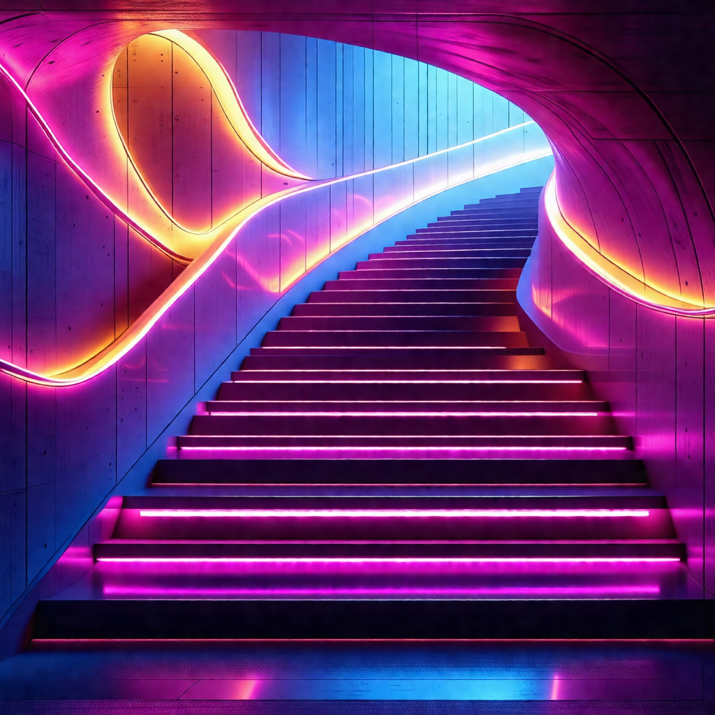 Staircase with a purple light illuminating the steps