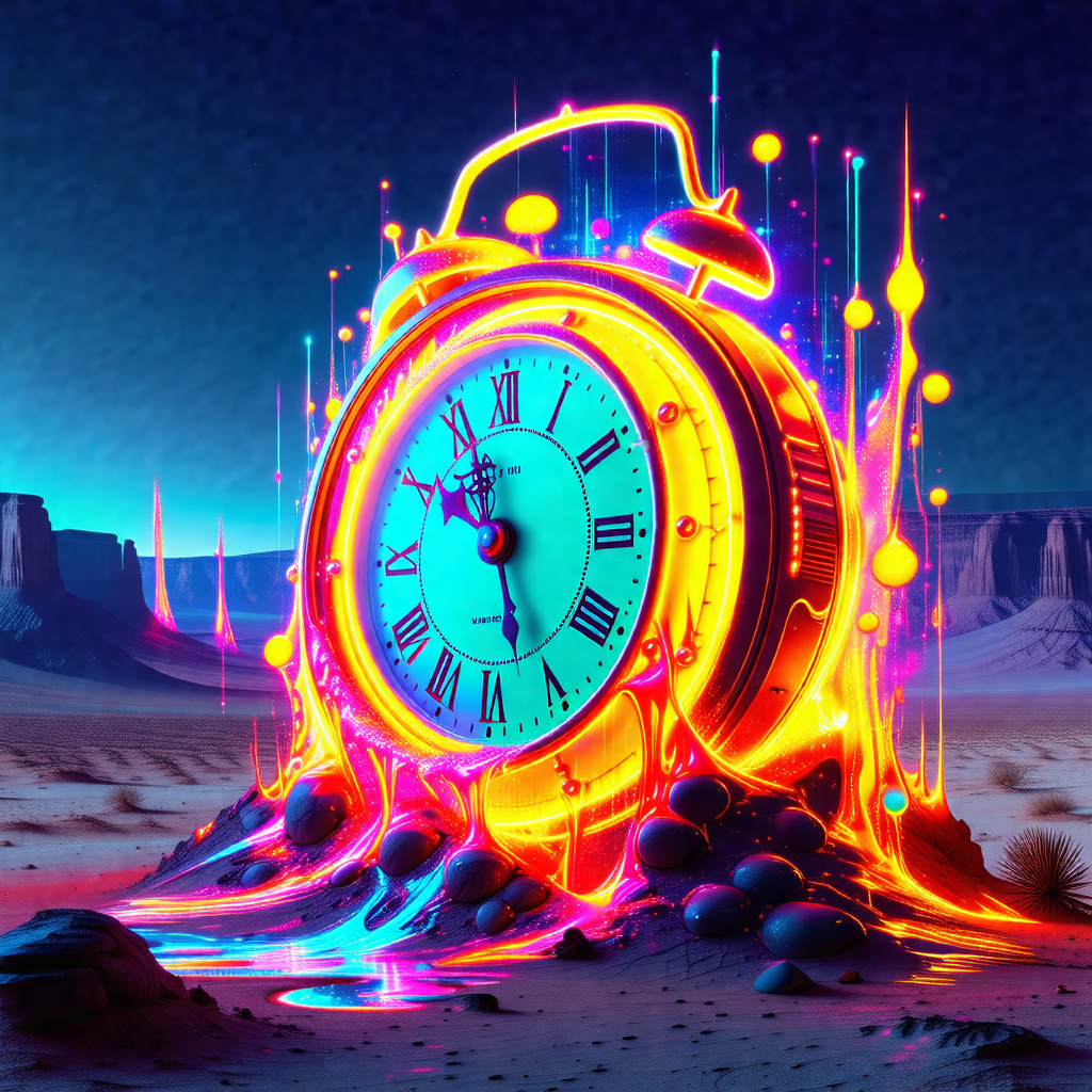 Large, colorful clock with a vibrant orange and blue design