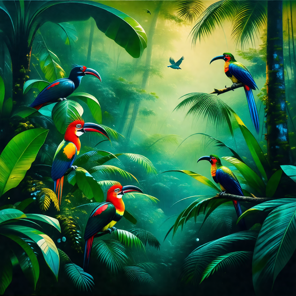 Lush green forest filled with a variety of colorful birds