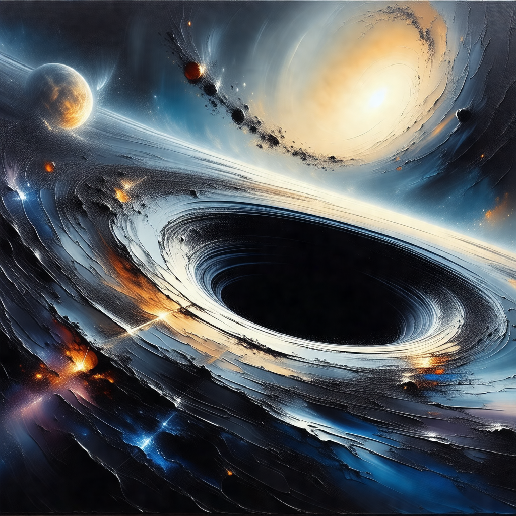 Painting of a black hole, with a large, dark circle in th...
