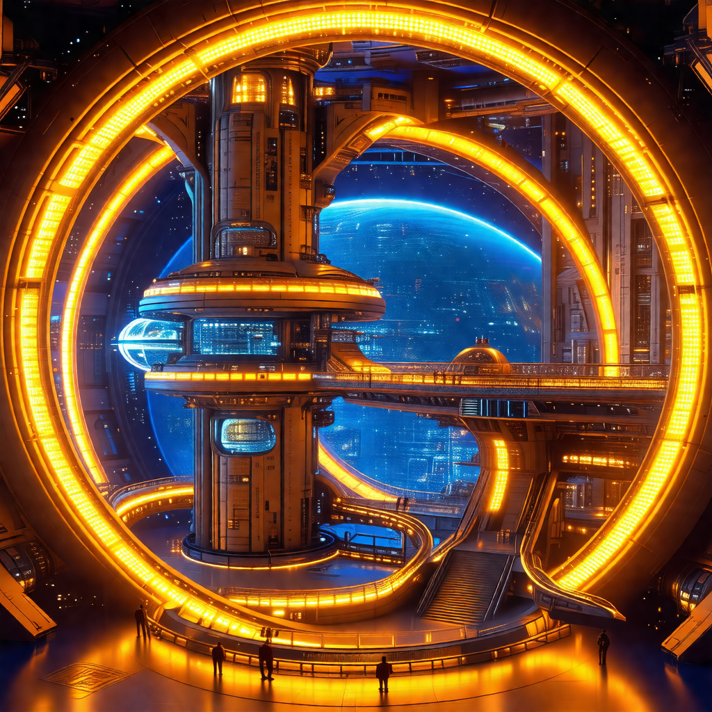 There is a large, futuristic building with a circular ent...