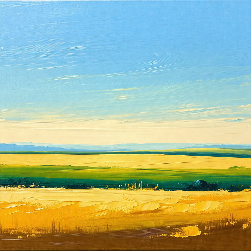 Painting of a vast, open field with a blue sky above