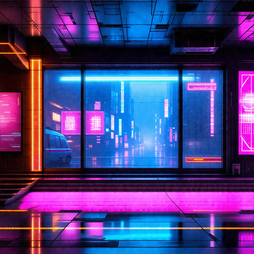 Futuristic city street at night, with a car driving down ...