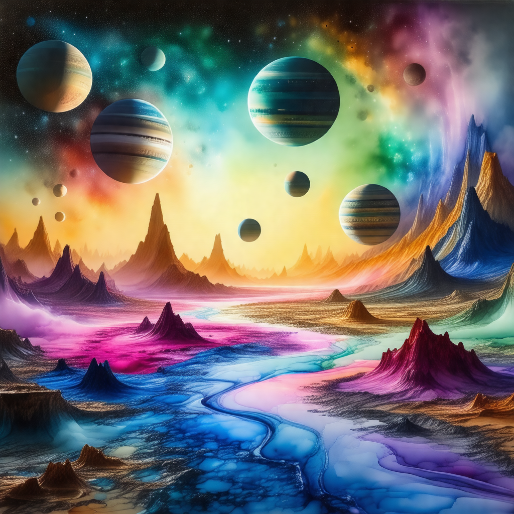 Painting of a colorful and imaginative landscape featurin...