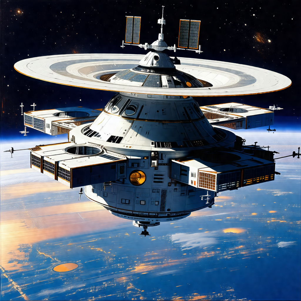 Large, futuristic spacecraft with a dome-shaped structure...