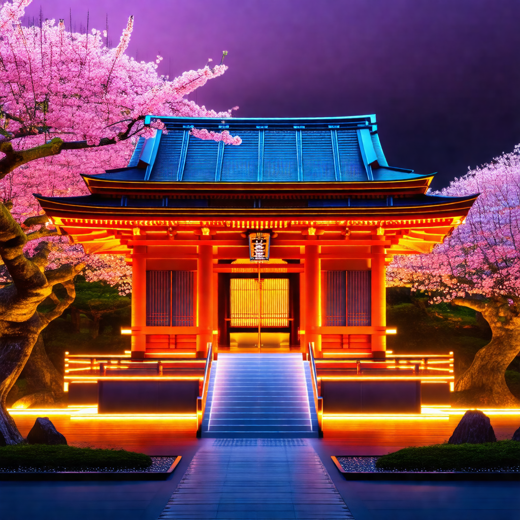 Beautifully lit asian building with a red roof, surrounde...