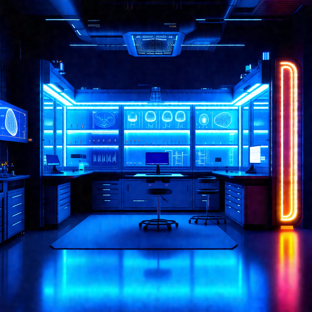Futuristic laboratory with a blue glow, giving it a uniqu...