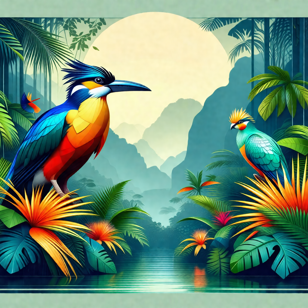 Lush, tropical forest with a variety of birds and plants
