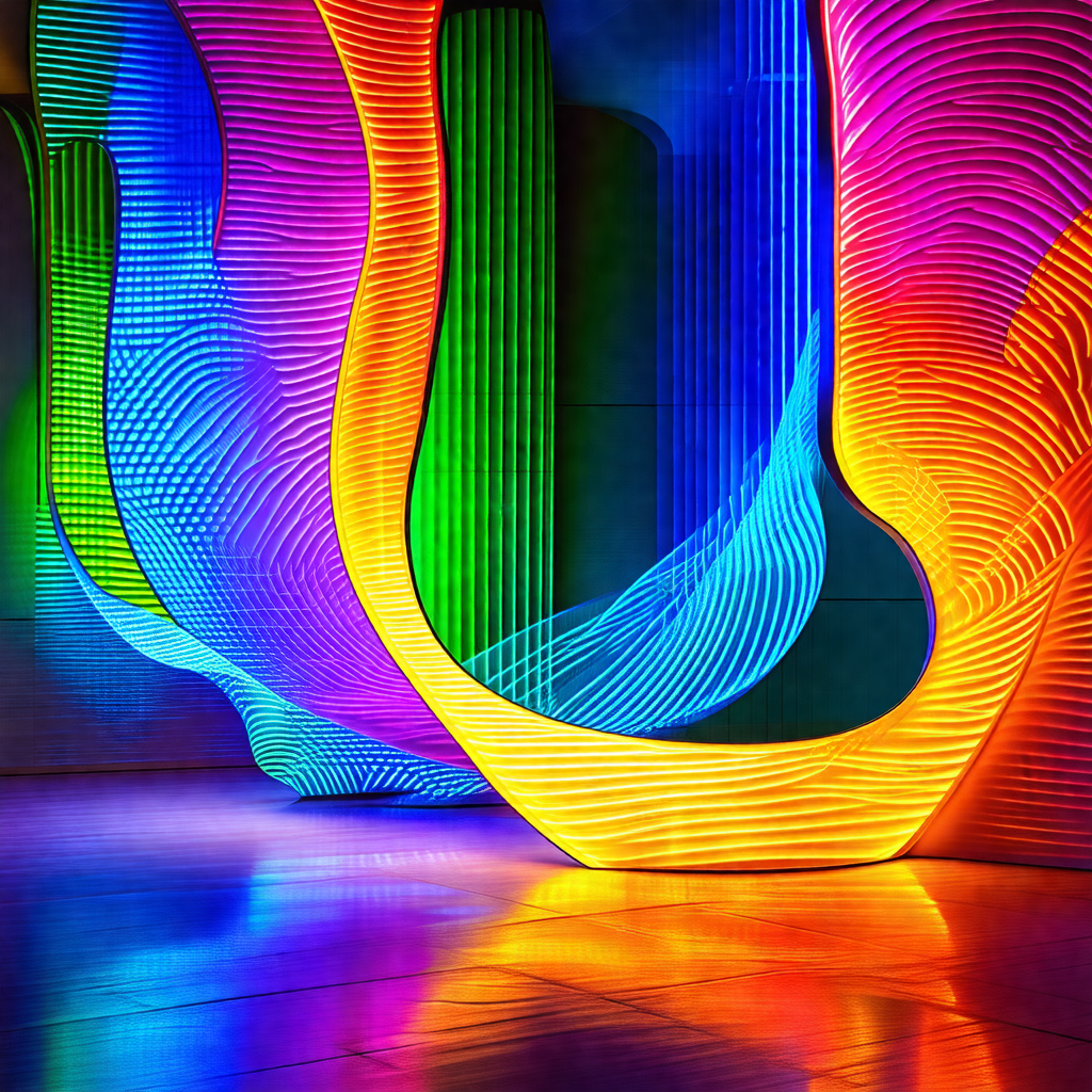 Large, colorful sculpture made of neon lights