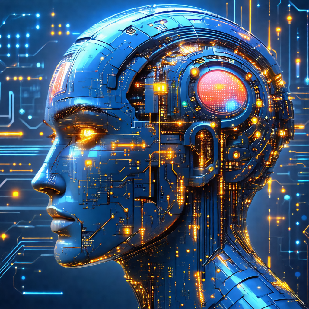Futuristic robotic head with a blue and yellow color scheme