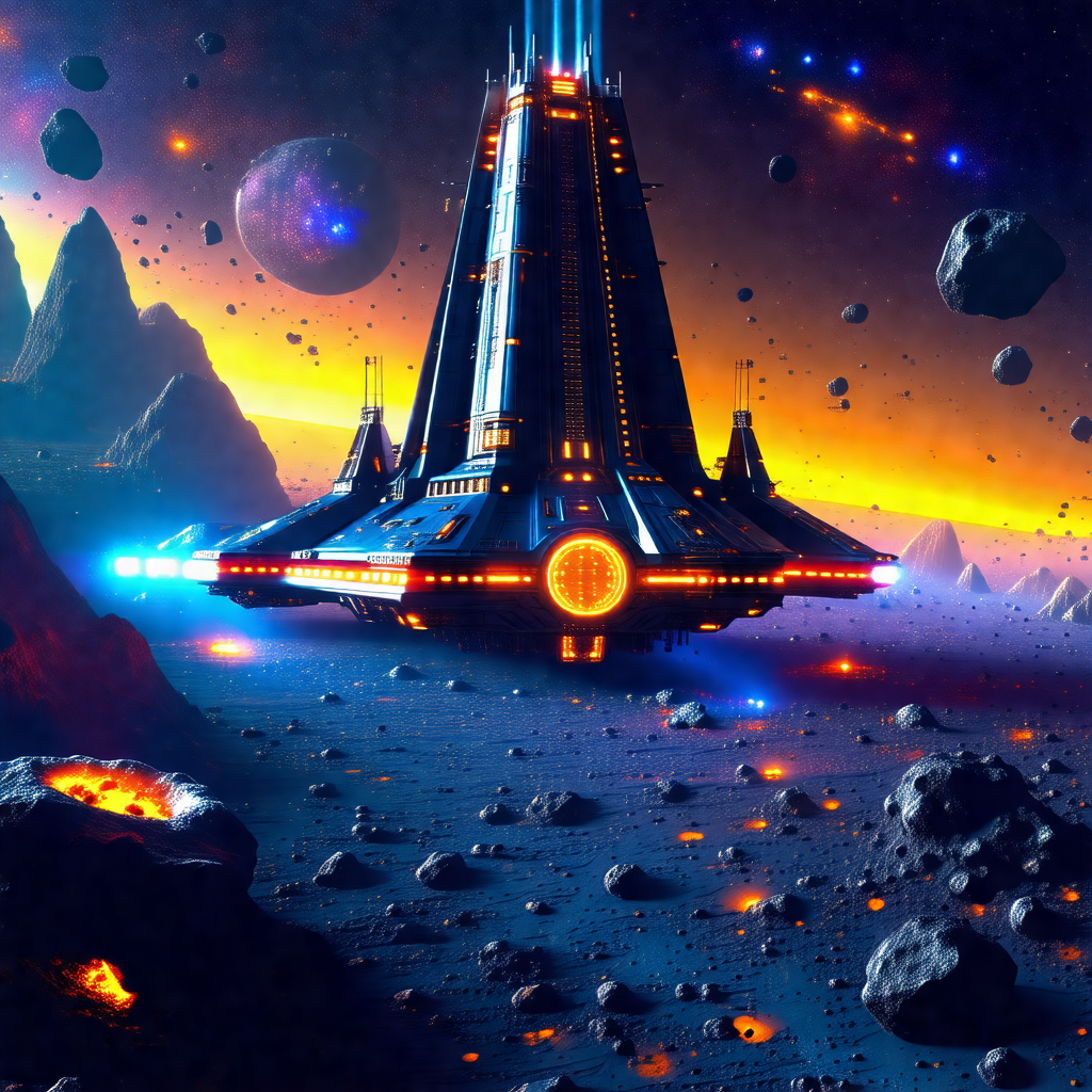 Futuristic spacecraft with a large dome on top, flying th...