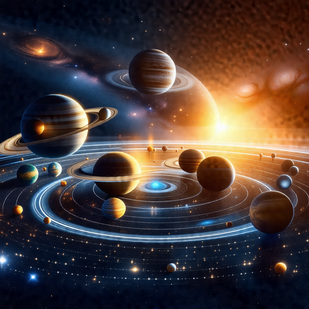 Detailed illustration of a solar system, featuring a larg...