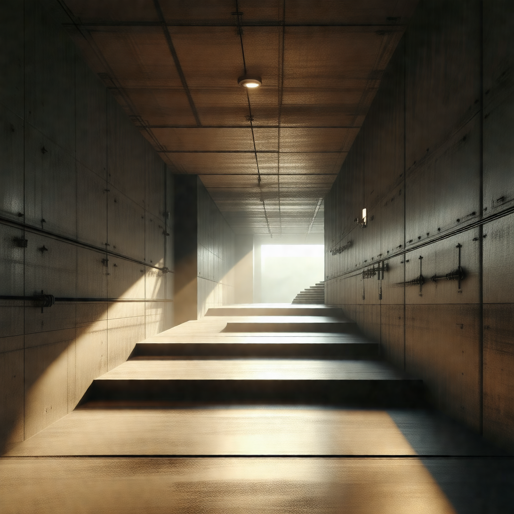 Long, narrow hallway with a row of steps leading upwards