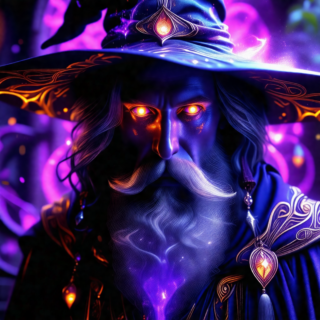Man with a long beard and a wizard's hat, standing in fro...