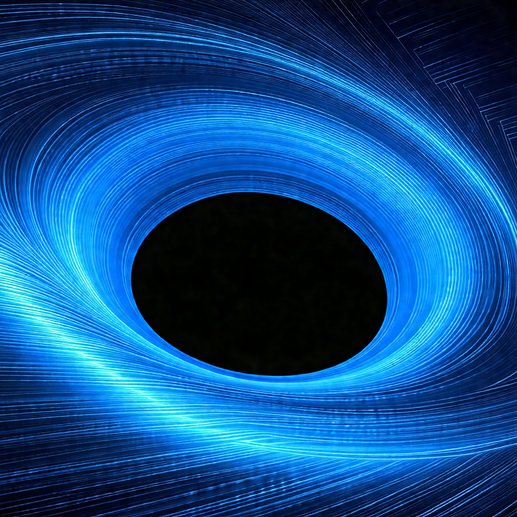 Black hole in the center of a blue, swirling vortex