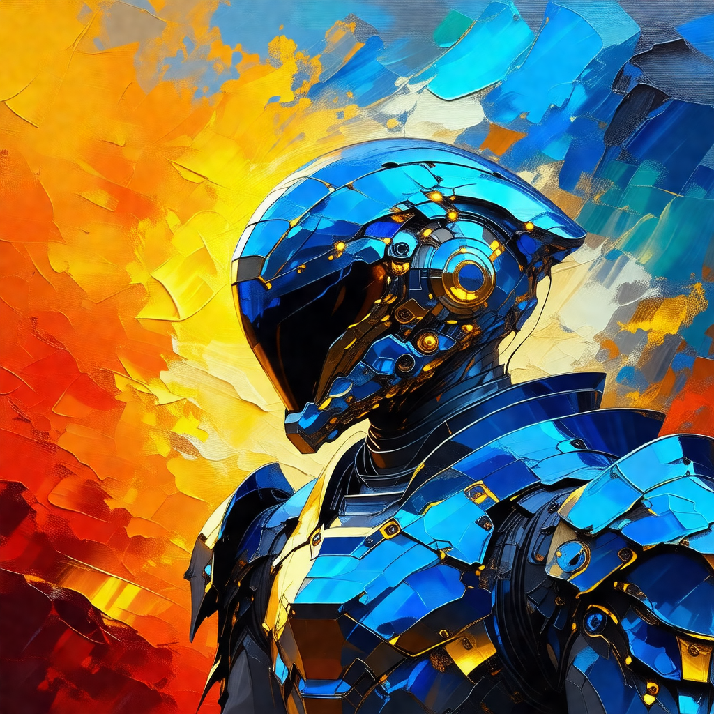 Futuristic robot with a blue helmet, standing in front of...