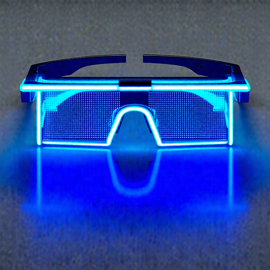 Pair of blue glowing glasses, which are illuminated by a ...