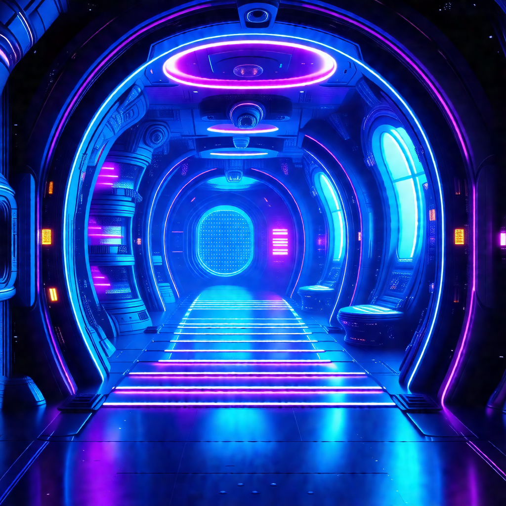 Futuristic space station with a purple and blue lighting ...