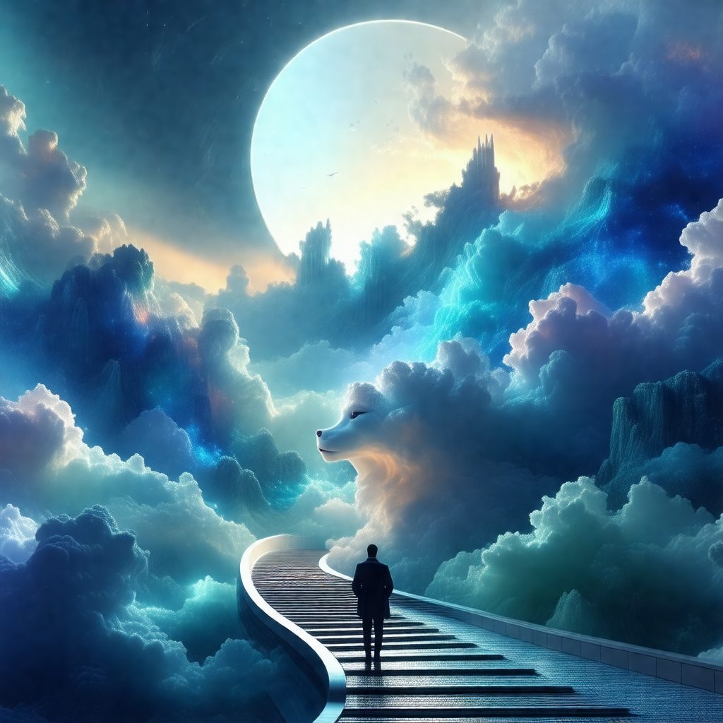 Man walking down a rainbow-colored pathway, which appears...