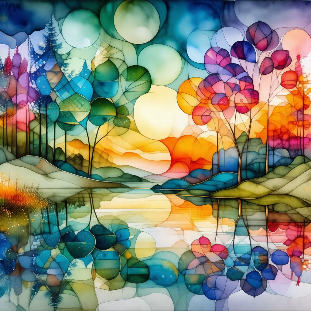 Colorful painting of a forest with a lake in the foreground
