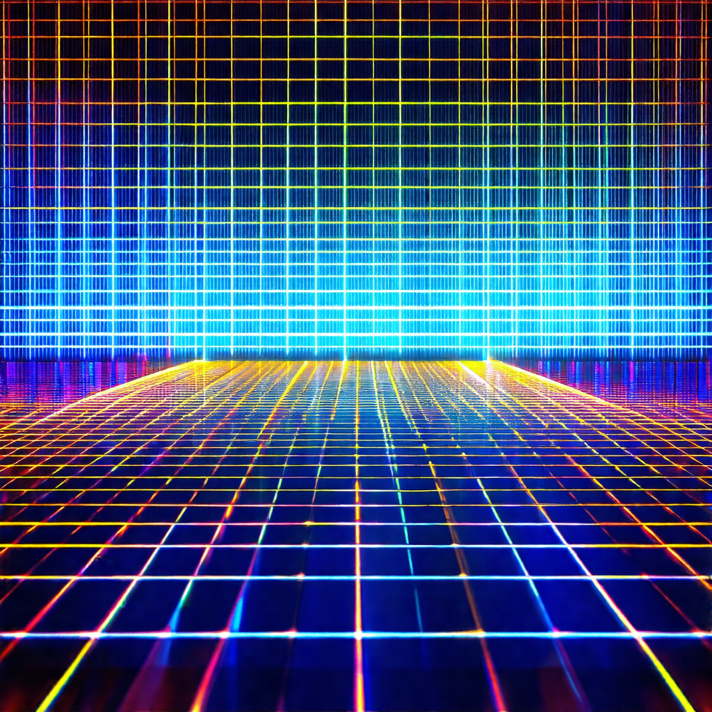 Brightly lit room with a blue and yellow checkered floor