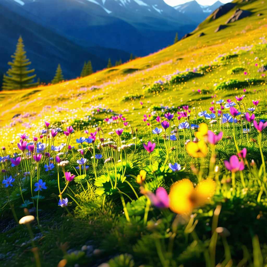 Beautiful, lush green field with a mountain range in the ...