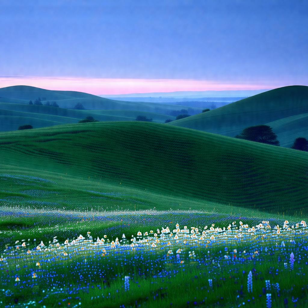Beautiful, lush green field with a hillside and a valley