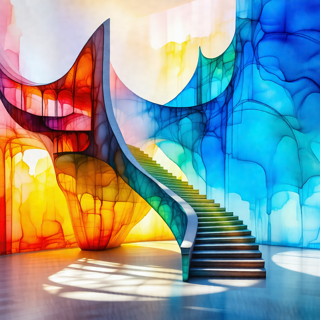 Staircase with a rainbow-colored handrail, leading to a b...
