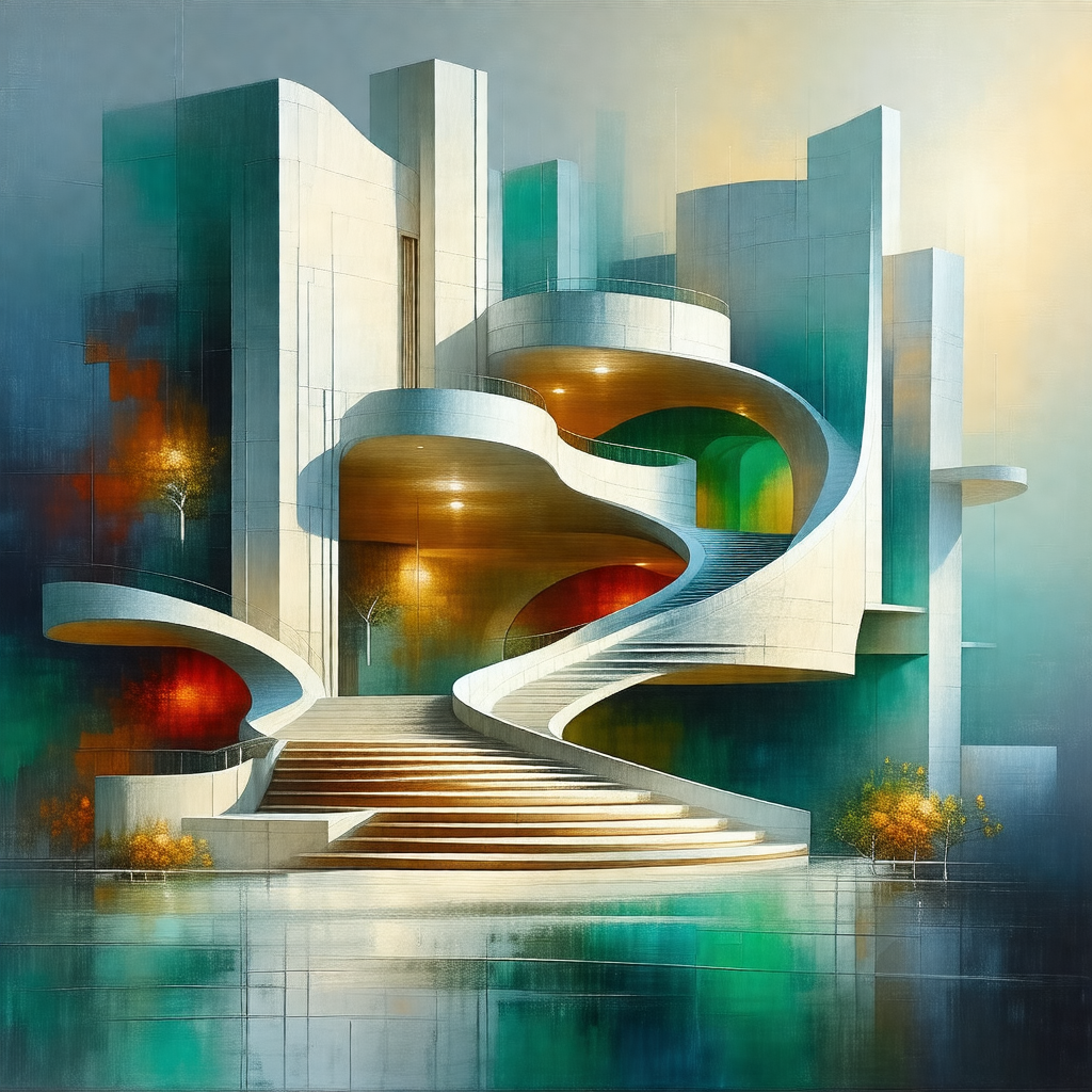 Painting of a large, modern building with a spiral staircase