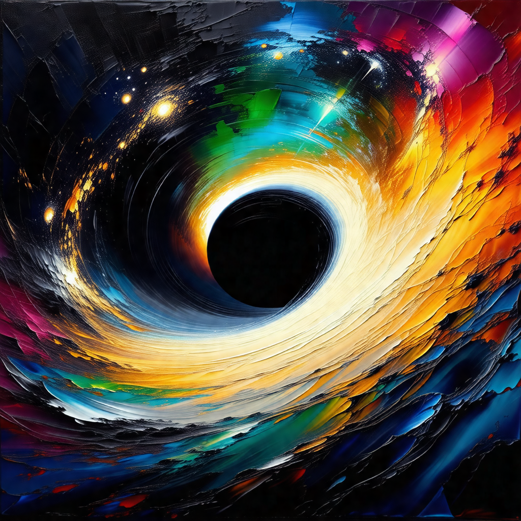 Painting of a black hole, with a vibrant and colorful bac...
